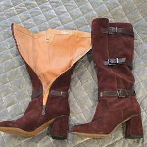 Franco Sarto Burgundy Heeled Boots with Buckle Accents